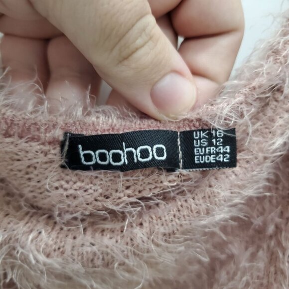 Boohoo Women's Rose Pink Off Shoulder Cropped Fuzzy Faux Fur Sweater Sz US 12 - Picture 3 of 5